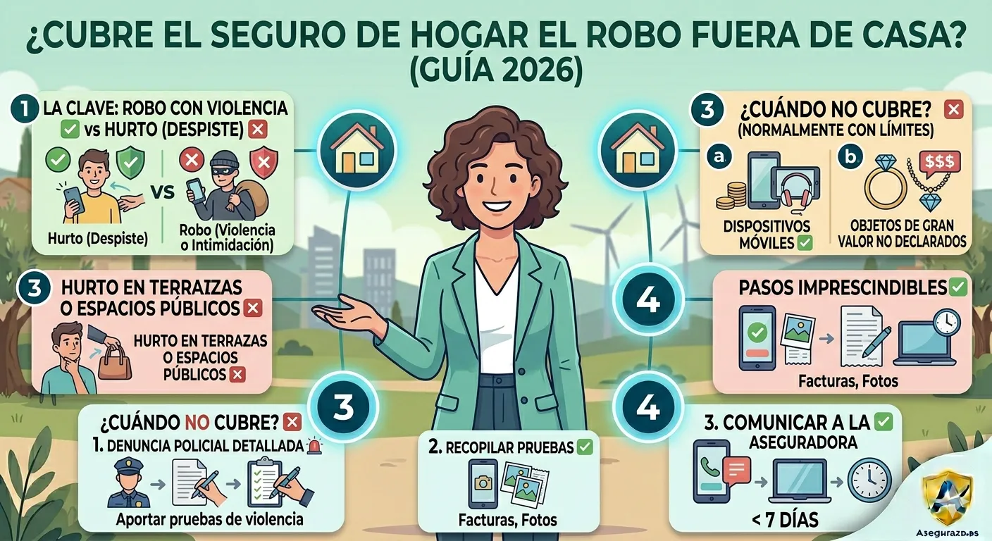 Infografía interactiva sobre la cobertura de robo fuera de casa en el seguro de hogar en España. Presentada con una estética sofisticada de contraste en tonos carbón oscuro, gris grafito y acentos en amarillo neón fosforito. Muestra de forma visual la diferencia crítica entre robo con violencia (cubierto) y hurto por descuido (no cubierto), detallando los límites habituales de efectivo, dispositivos móviles, equipaje en hoteles y los pasos obligatorios para reclamar con la denuncia policial. Logo de Asegurazo.es.