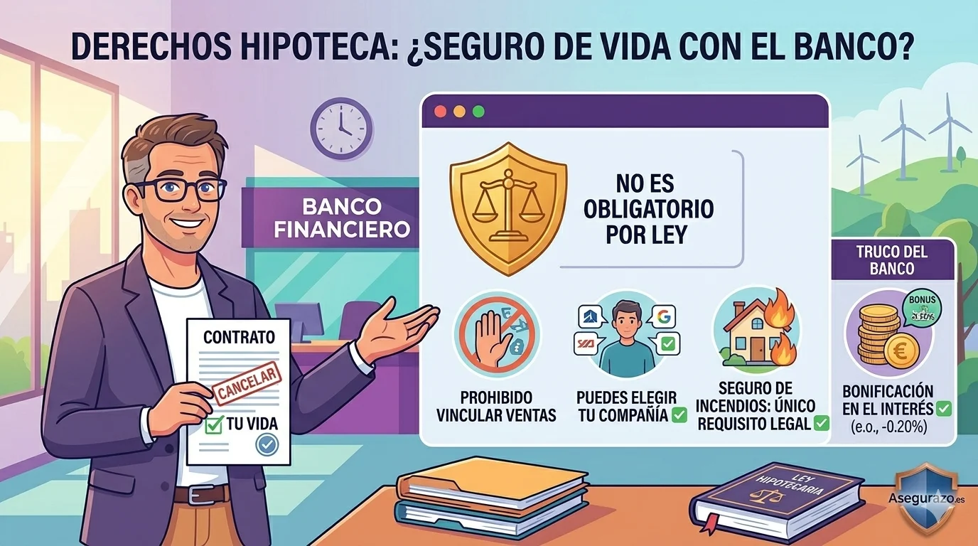 Ilustración vectorial estilo flat que aclara la legalidad del seguro de vida hipotecario en España. Un cliente revisa un contrato frente a un panel informativo que destaca que "No es obligatorio por ley", la prohibición de las ventas vinculadas, la opción de presentar pólizas alternativas y el seguro de incendios como único requisito legal. Incluye el logo de Asegurazo.es.