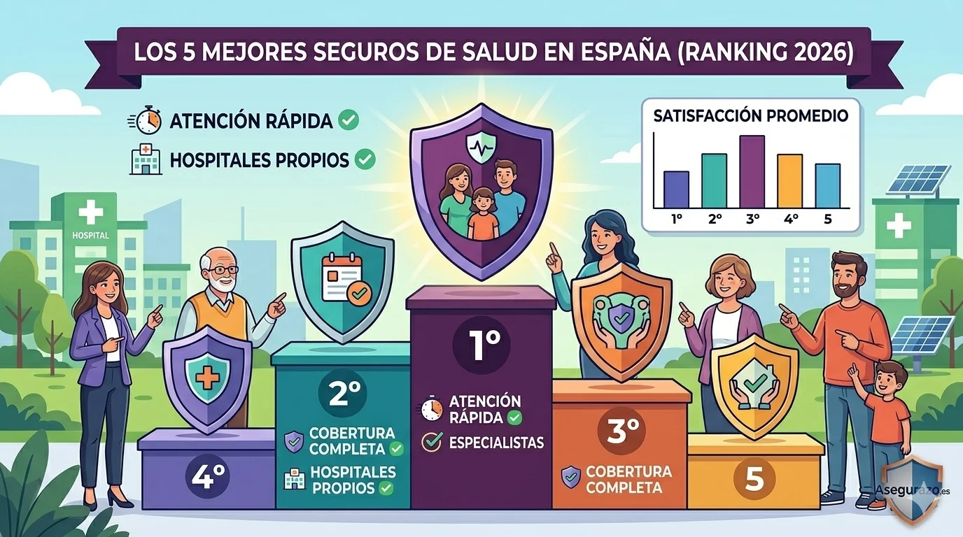 Ilustración vectorial estilo flat de un podio con el ranking de los 5 mejores seguros de salud en España. En los puestos principales se destacan factores como atención rápida, especialistas y hospitales propios. Un panel superior muestra una gráfica de barras con la satisfacción promedio y el logotipo de Asegurazo.es abajo a la derecha.
