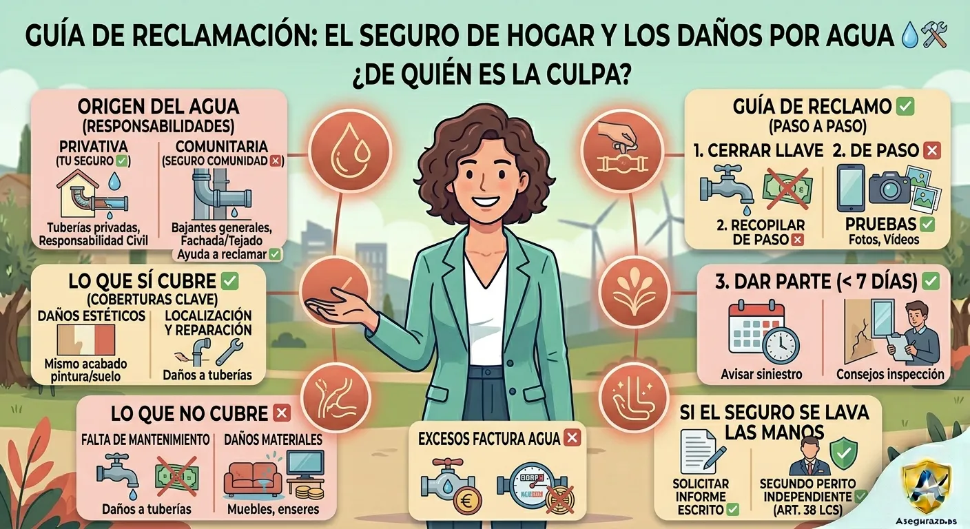 Infografía en formato de mapa mental que detalla la guía de reclamación por daños por agua en el seguro de hogar en España. Diseñada con un patrón de color coral suave, terracota y detalles en crema. Muestra de manera esquemática la división de responsabilidades entre tuberías privativas y comunitarias, las coberturas clave como los daños estéticos, y los pasos de urgencia para abrir el parte y recibir al perito. Logo de Asegurazo.es en la parte inferior.
