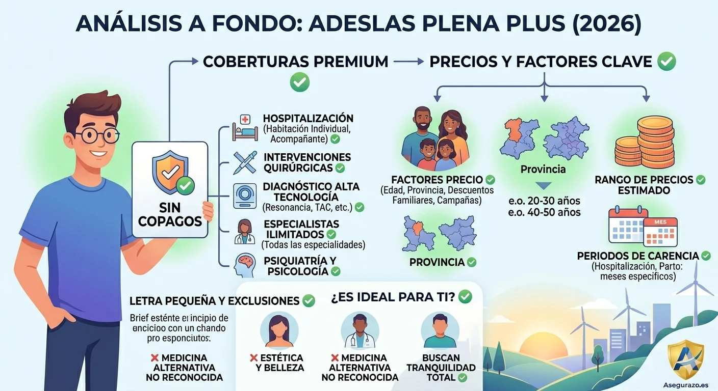 Infografía analítica en estilo flat sobre el seguro médico Adeslas Plena Plus en España. Destaca que es una póliza "Sin Copagos", detalla coberturas premium como hospitalización en habitación individual, cirugías y diagnóstico de alta tecnología, y menciona los periodos de carencia junto a un rango de precios por edad. Incluye el logo de Asegurazo.es.