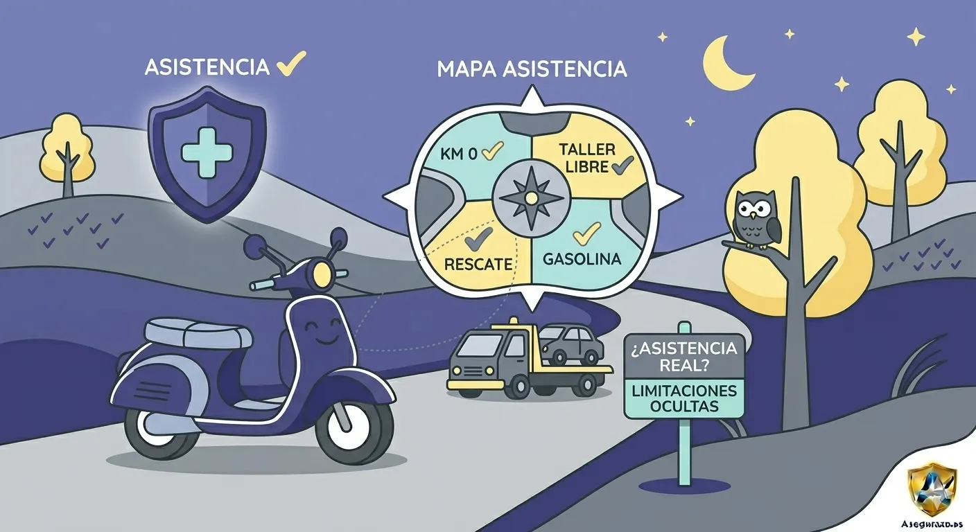 Dibujo digital plano y muy sencillo de una grúa transportando un coche por una carretera desierta bajo un cielo estrellado de noche. El estilo es minimalista, con líneas limpias y geométricas, utilizando un patrón de color suave en tonos azul noche, gris ceniza y detalles sutiles en amarillo pastel suave para los faros. Logo de Asegurazo.es integrado de forma muy sutil en la parte inferior.