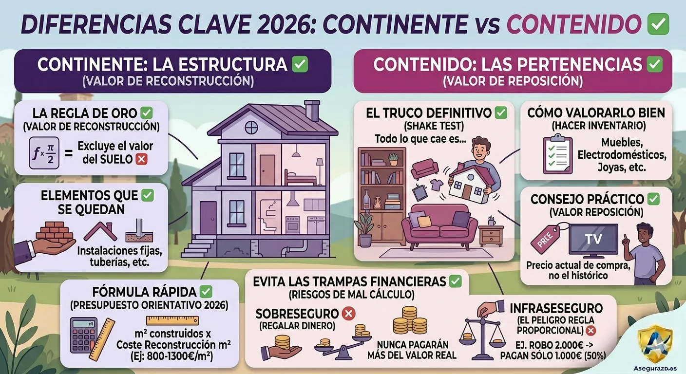 Infografía didáctica sobre cómo calcular el continente y el contenido para el seguro de hogar en España. Presenta un diseño limpio en mosaico utilizando una paleta de colores violeta pastel, lavanda y acentos en magenta brillante. Incluye gráficos explicativos sobre la fórmula de reconstrucción por metro cuadrado, el inventario de bienes a valor de reposición y una balanza que esquematiza los riesgos del infraseguro y el sobreseguro. Logo de Asegurazo.es en la esquina inferior.
