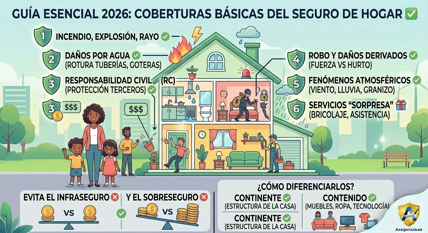 Infografía didáctica en estilo flat que explica las coberturas indispensables en un seguro de hogar en España. Muestra una casa seccionada para ilustrar los conceptos de Continente y Contenido, detallando las garantías clave: incendio, daños por agua, robo, fenómenos atmosféricos y una Responsabilidad Civil potente. Incluye el logo de Asegurazo.es.