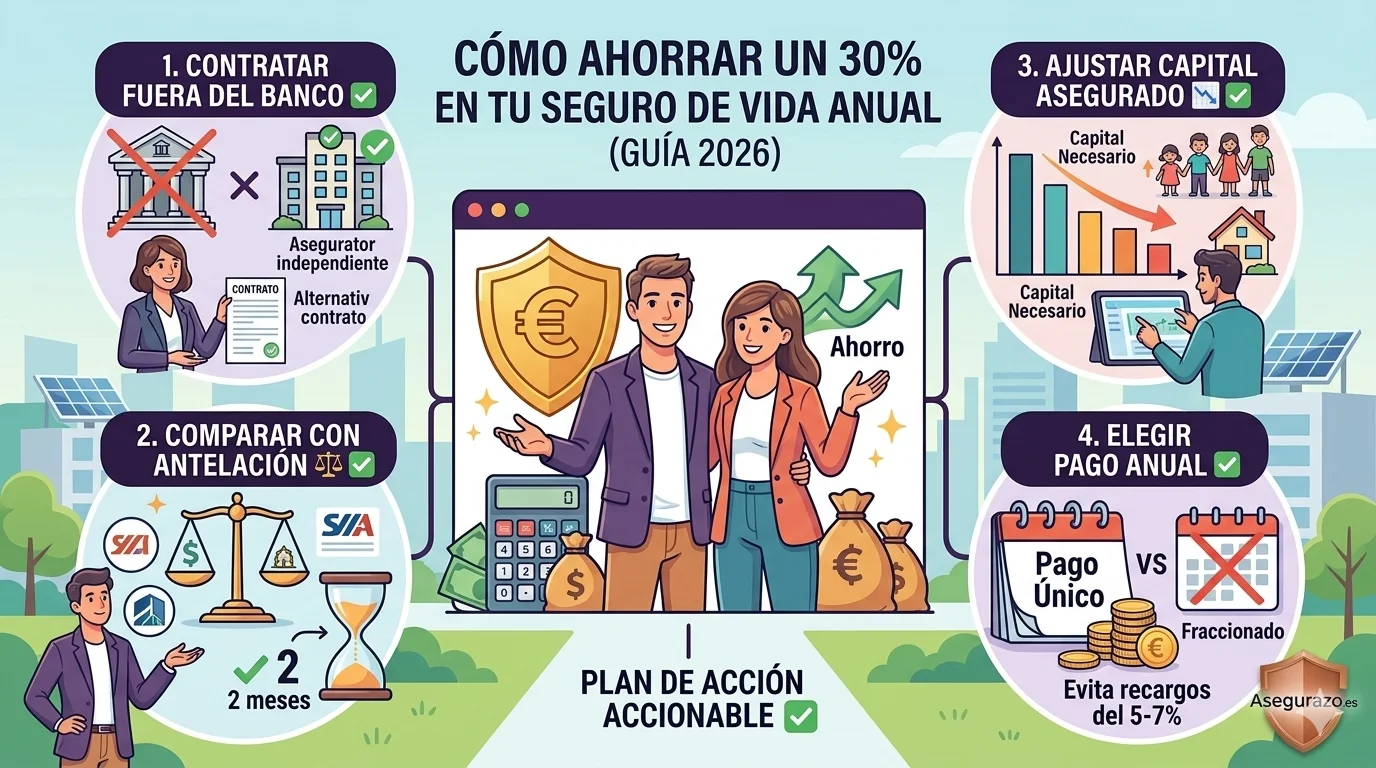 Ilustración vectorial estilo flat que muestra los 4 métodos clave para ahorrar un 30% en el seguro de vida anual en España. Destaca: comprar fuera del banco, comparar con antelación, ajustar el capital asegurado y elegir el pago anual para evitar recargos. Incluye el logo de Asegurazo.es.