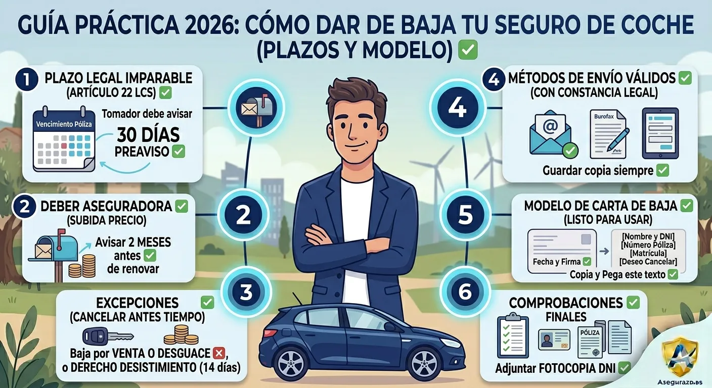 Infografía esquemática sobre el proceso legal para dar de baja un seguro de coche en España. Diseñada en un formato de línea de tiempo con un patrón de color azul eléctrico, blanco y detalles en cian. Muestra un calendario destacando el plazo de 30 días de preaviso (Artículo 22), los 2 meses de preaviso de la compañía para subidas de precio, las vías de envío válidas (email, burofax) y un icono que simula la carta de desistimiento. Logo de Asegurazo.es abajo.