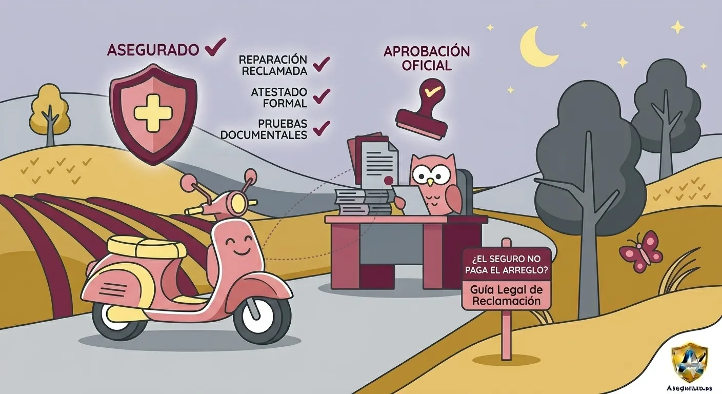 Dibujo digital muy sencillo y limpio en estilo plano. Muestra una carpeta de documentos de la que sale un papel con un sello oficial de aprobación y una balanza de la justicia minimalista a su lado. El diseño prescinde de carreteras y motos de posts anteriores; utiliza un patrón de color totalmente nuevo en tonos rosa pastel de fondo, líneas limpias en color vino burdeos y detalles suaves en gris. El logo de Asegurazo.es aparece discretamente en una esquina inferior.
