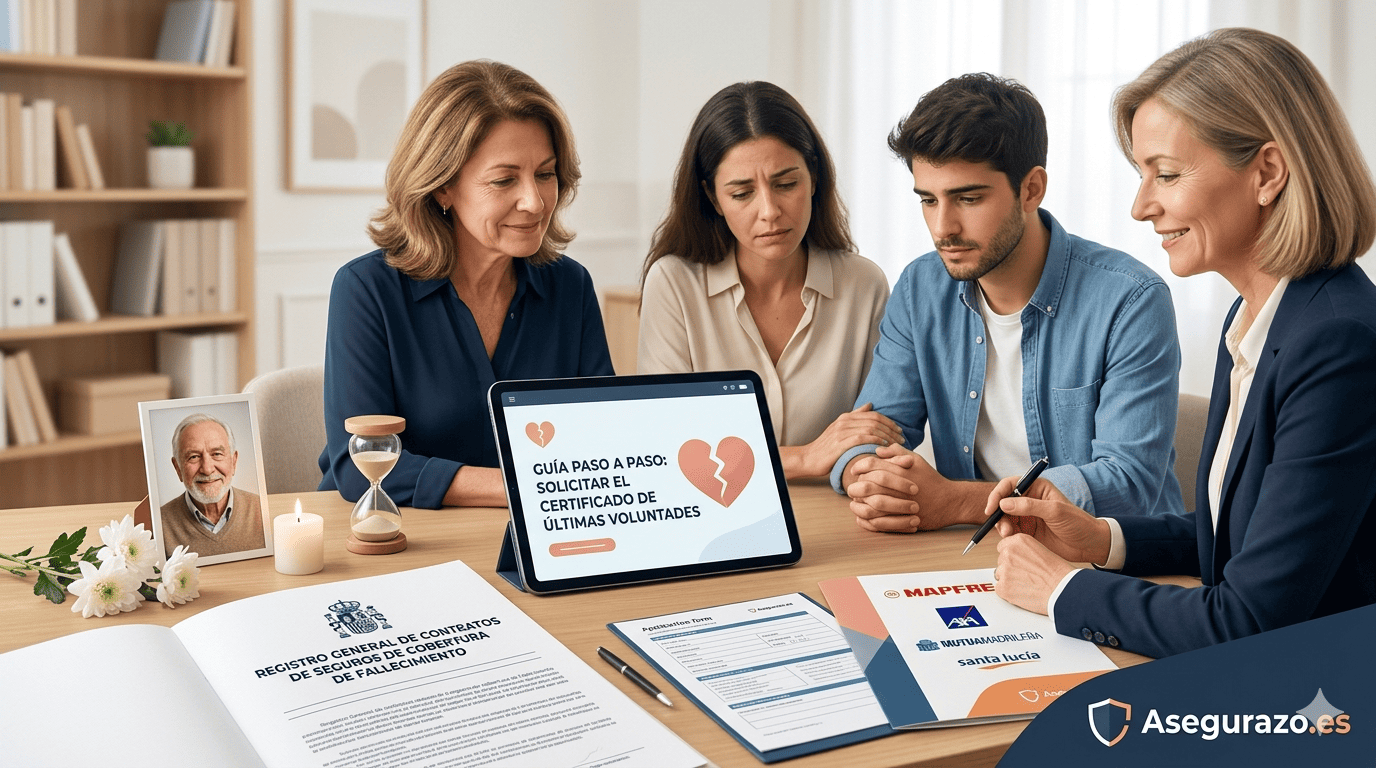 Infografía y escena en una oficina española que muestra a una asesora explicando el Registro General de Contratos de Seguros de Cobertura de Fallecimiento y el Certificado de Últimas Voluntades para localizar seguros de vida de un fallecido.