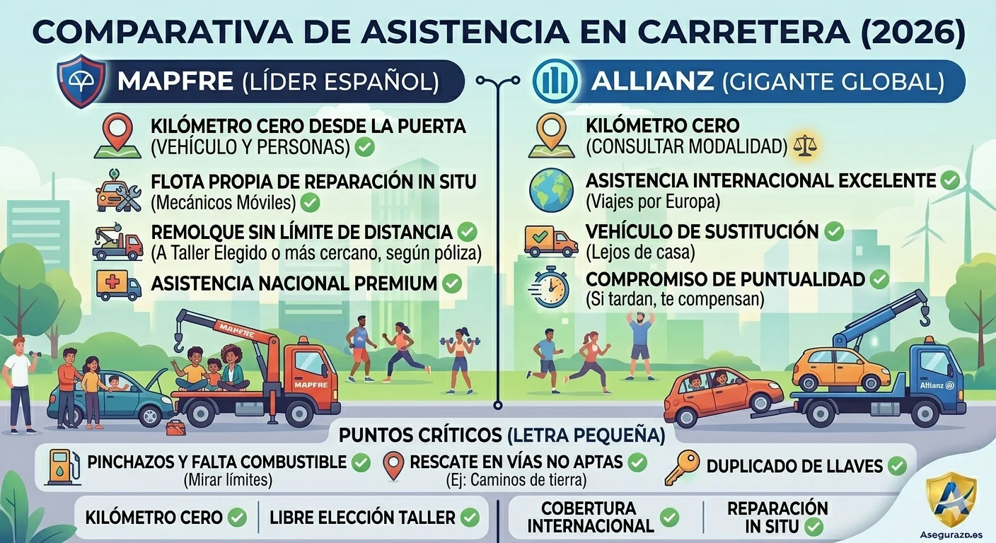 Infografía comparativa en estilo flat que analiza el servicio de asistencia en carretera de Mapfre frente al de Allianz en España. Muestra una grúa auxiliando a un coche averiado en la carretera y compara puntos clave como el kilómetro cero, la libre elección de taller, la cobertura en el extranjero y los vehículos de sustitución. Incluye el logo de Asegurazo.es.