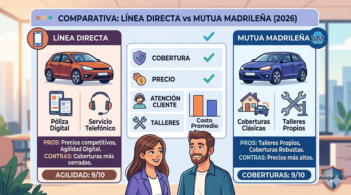 Ilustración vectorial "flat" de una tabla comparativa titulada "COMPARATIVA: LÍNEA DIRECTA vs MUTUA MADRILEÑA (2026)". Divide la pantalla en dos columnas: izquierda con un coche naranja y teléfono para Línea Directa ("Póliza Digital", "Servicio Telefónico"); derecha con un coche azul y iconos de socio para Mutua Madrileña ("Coberturas Clásicas", "Talleres Propios"). Paneles centrales con iconos comparan "COBERTURA", "PRECIO", "ATENCIÓN CLIENTE", "TALLERES" con checkmarks y un gráfico de barras simple de coste promedio. Abajo, dos usuarios diferentes miran el panel. El logo de Asegurazo.es está integrado.
