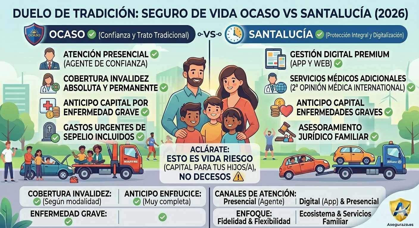Infografía comparativa en estilo flat que analiza los seguros de vida de Ocaso frente a Santalucía en España. Muestra las coberturas principales de cada compañía (fallecimiento, invalidez absoluta, anticipos por enfermedad) y aclara gráficamente que se trata de protección financiera y no de pólizas de decesos. Incluye el logo de Asegurazo.es.