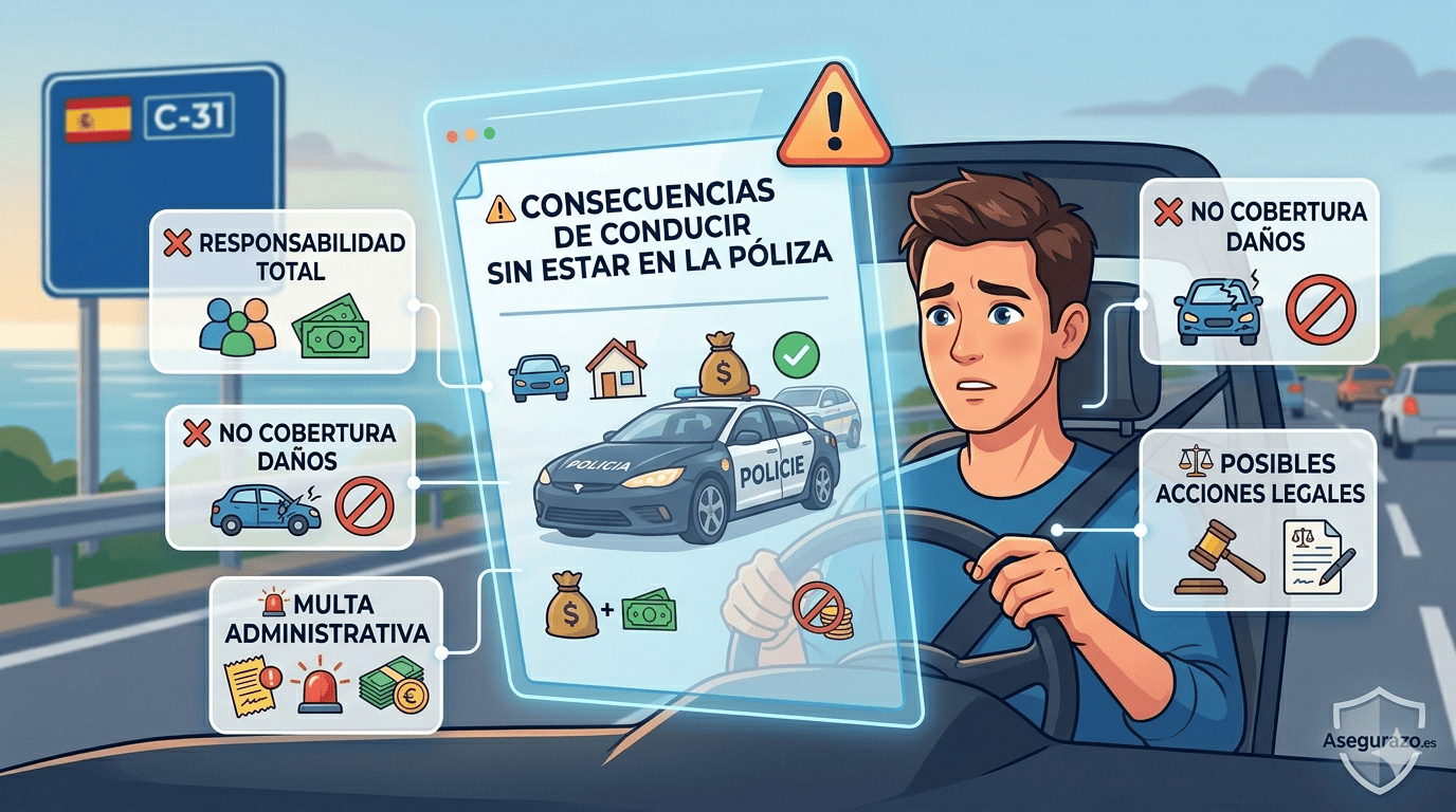 Infografía ilustrada que muestra a un conductor preocupado en una carretera española, con un panel digital resaltando las consecuencias de conducir sin estar en la póliza: Responsabilidad Total, No Cobertura Daños, Multa Administrativa y Posibles Acciones Legales.