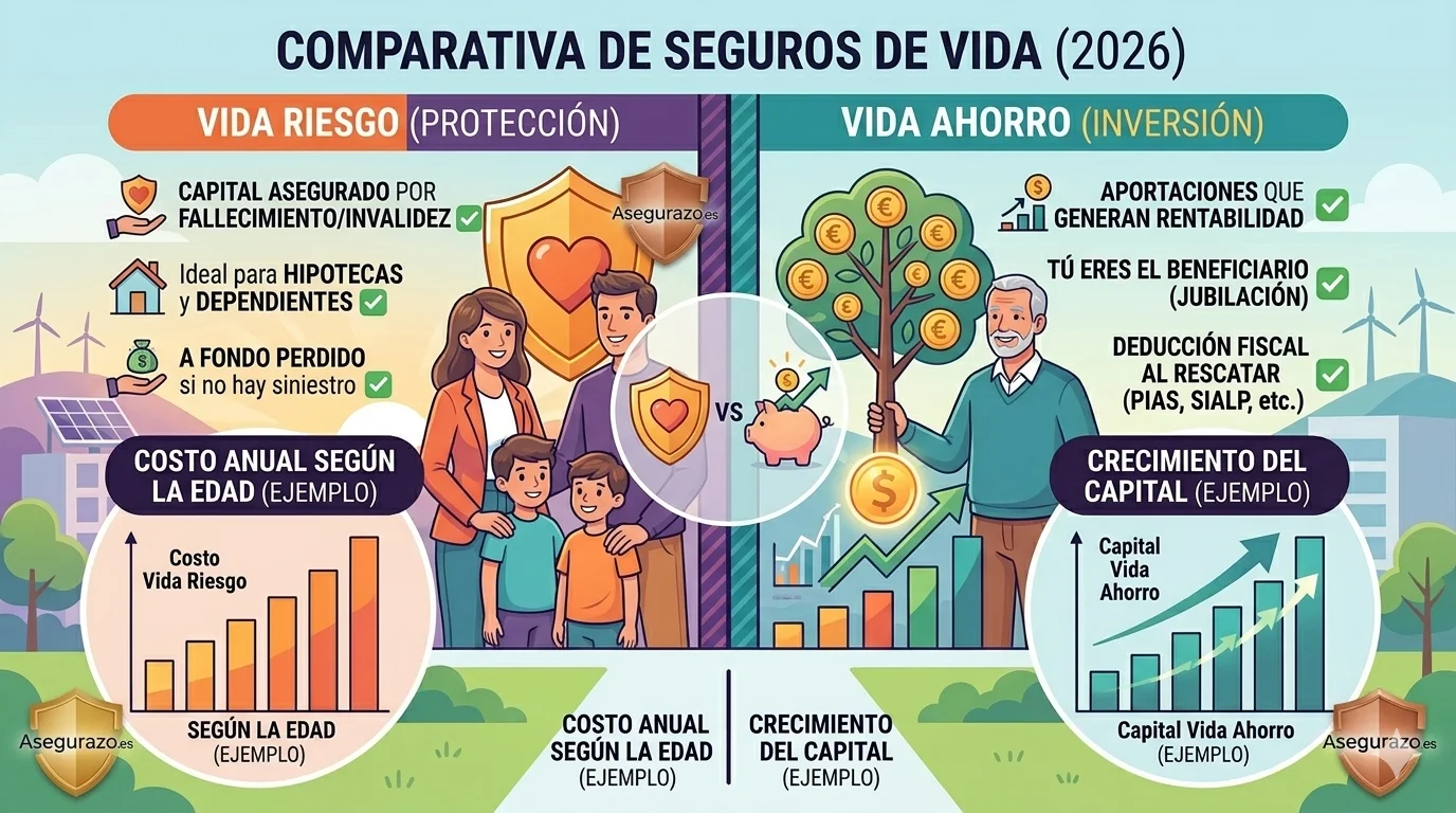 Ilustración vectorial estilo flat que compara un seguro de vida riesgo frente a un seguro de vida ahorro. En el lado de riesgo se muestra un escudo protector sobre una familia y una vivienda (protección e hipoteca); en el de ahorro se muestra una hucha y gráficas de crecimiento financiero (jubilación e inversión). Incluye el logo de Asegurazo.es.