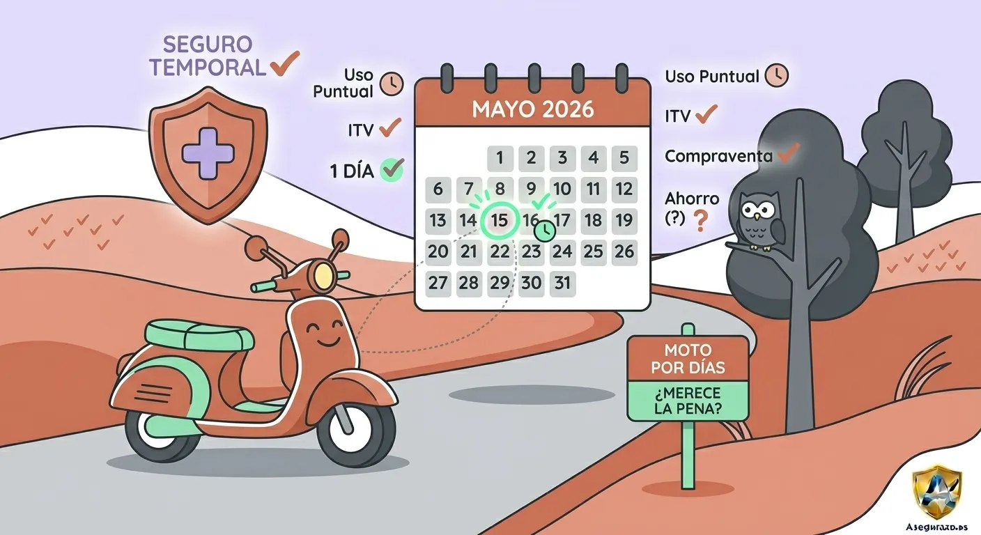Dibujo digital sencillo y limpio de una motocicleta tipo scooter urbana aparcada junto a un calendario donde el día de hoy está marcado con un círculo. El diseño es minimalista, de líneas claras y utiliza un patrón de color suave en tonos verde menta, gris claro y sutiles toques de naranja pastel. Logo de Asegurazo.es integrado de forma muy sutil en una esquina.