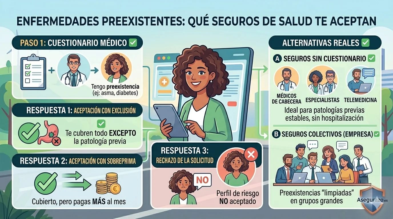 Ilustración vectorial estilo flat que explica las opciones de contratación de un seguro de salud en España teniendo enfermedades preexistentes. Muestra el proceso del cuestionario médico y las tres salidas: aceptación con exclusión, sobreprima o la alternativa de contratar seguros sin cuestionario (médicos de cabecera y especialistas). Incluye el logo de Asegurazo.es.