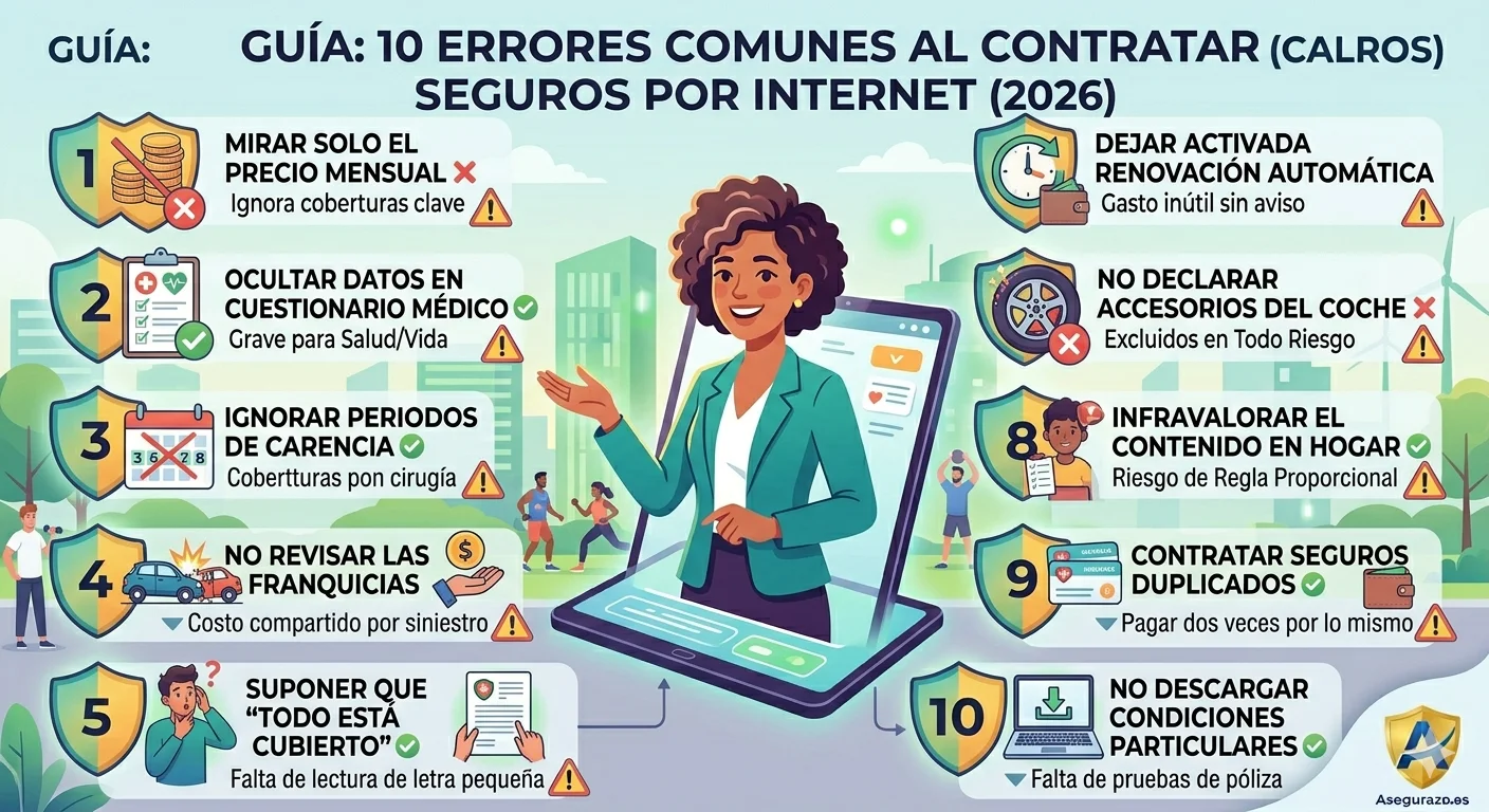 Infografía estilo flat que enumera los 10 errores más comunes al contratar seguros por internet en España. Destaca fallos críticos como mirar solo el precio, mentir en el cuestionario de salud, ignorar las franquicias y carencias, y caer en el infraseguro de hogar. Incluye el logo de Asegurazo.es.