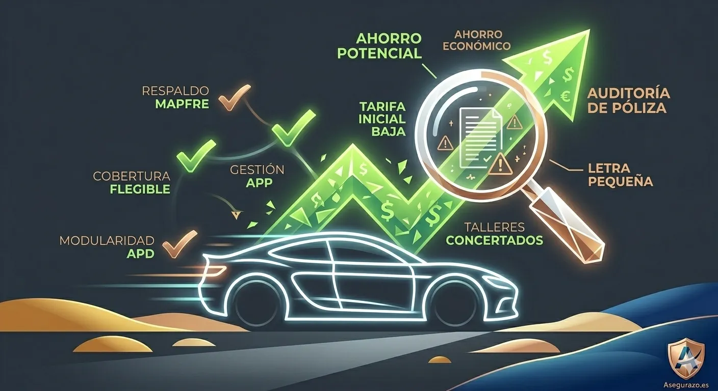 Ilustración conceptual de estilo interpretativo y abstracto para una reseña de seguros de coche. Muestra un vehículo estilizado en líneas de luz neón sobre un fondo minimalista donde se cruzan dos grandes vectores: una flecha verde hacia arriba que simboliza el ahorro económico y una lupa geométrica que inspecciona la letra pequeña del contrato. La composición utiliza un patrón de color alternativo en tonos gris antracita, blanco y acentos en verde lima eléctrico. Logo de Asegurazo.es integrado de forma limpia.