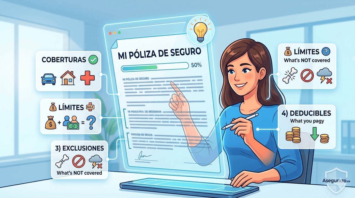 Infografía ilustrada de una mujer analizando una póliza de seguros digital donde se resaltan las secciones clave: Coberturas, Límites, Exclusiones y Deducibles.