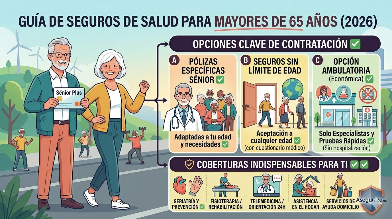 Ilustración vectorial estilo flat que resume las opciones de seguros médicos para mayores de 65 años en España. Muestra a una pareja sénior activa junto a un panel informativo con las tres alternativas clave: pólizas específicas sénior, seguros sin límite de edad y la opción ambulatoria barata, destacando coberturas como geriatría y fisioterapia. Incluye el logo de Asegurazo.es.