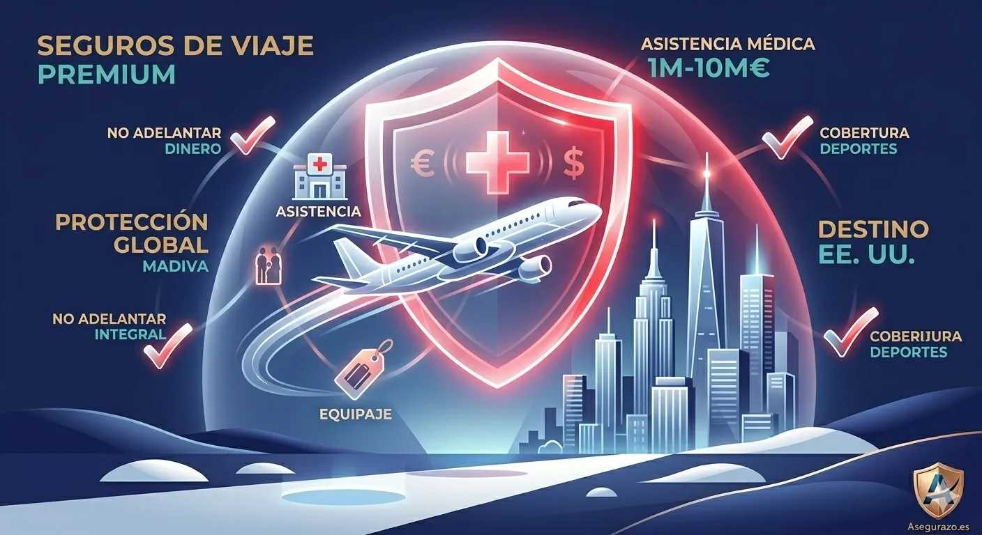 Ilustración conceptual de estilo interpretativo y minimalista para un seguro de viaje internacional a EE. UU. Muestra un avión cruzando un arco de luz dinámico hacia un skyline estilizado de rascacielos. Un gran escudo translúcido con un pulso luminoso envuelve el trayecto, simbolizando una red de protección y asistencia médica masiva a nivel global. La composición utiliza un patrón de color alternativo en tonos azul índigo, blanco y acentos en rojo americano brillante. Logo de Asegurazo.es integrado de forma limpia en una esquina.