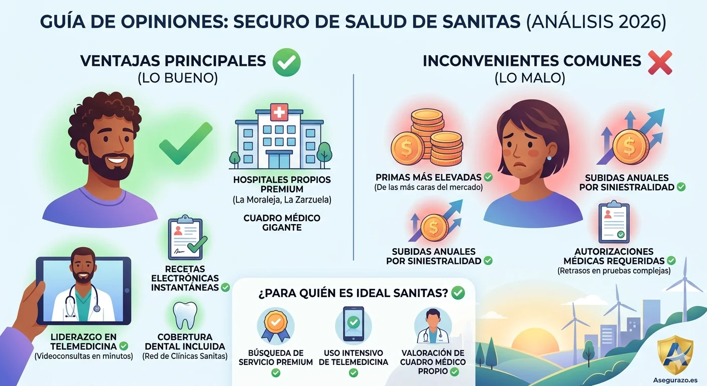 Infografía comparativa en estilo flat sobre las opiniones del seguro de salud de Sanitas en España. Muestra las ventajas clave (cuadro médico premium, app Blua de telemedicina y red dental propia) frente a los inconvenientes más comentados (precio de la prima mensual, autorizaciones y subida por siniestralidad). Incluye el logo de Asegurazo.es.
