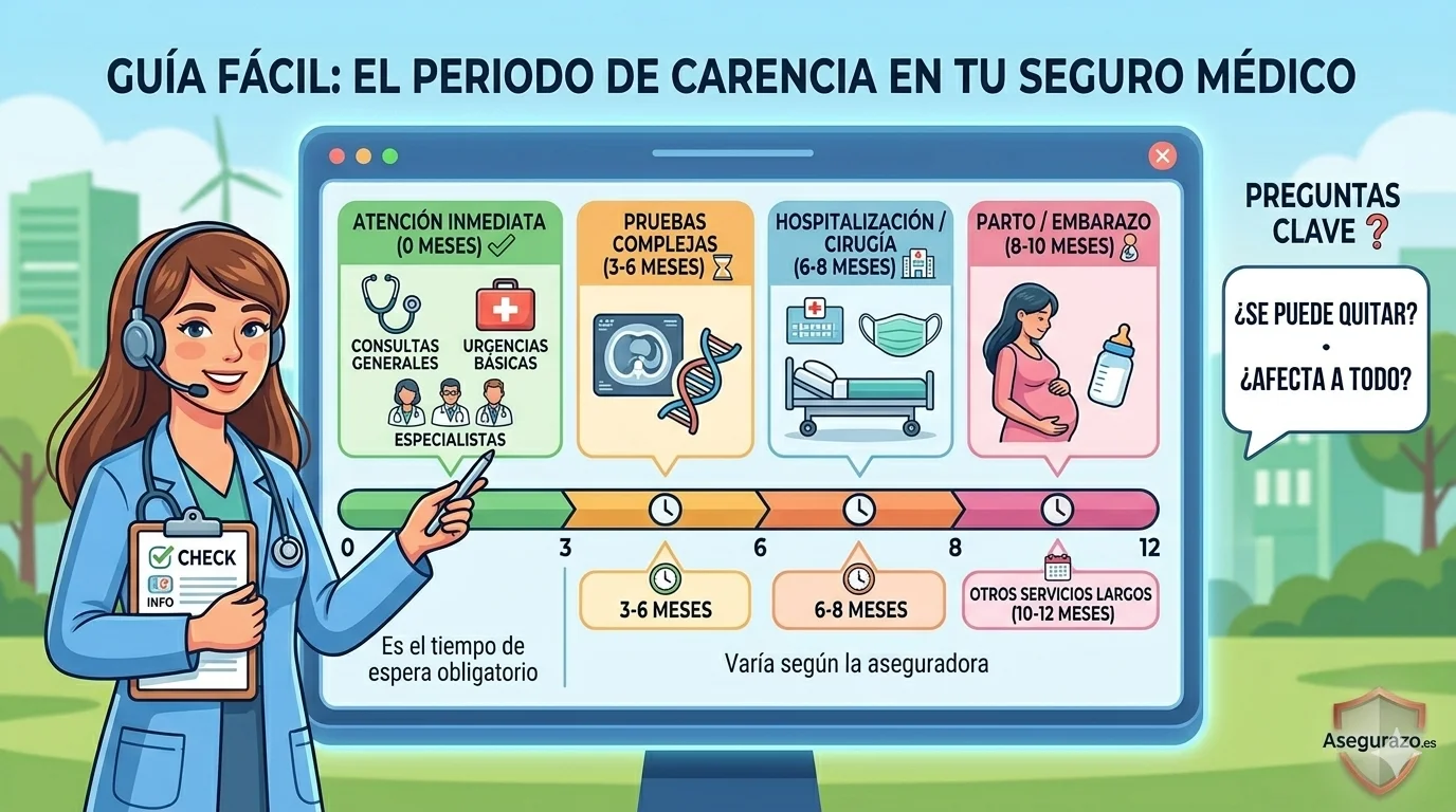 : Ilustración vectorial estilo flat que explica de forma gráfica el periodo de carencia en un seguro médico, mostrando una línea de tiempo con los meses de espera obligatorios para servicios como embarazo u operaciones frente a la atención inmediata en urgencias. Incluye el logo de Asegurazo.es.