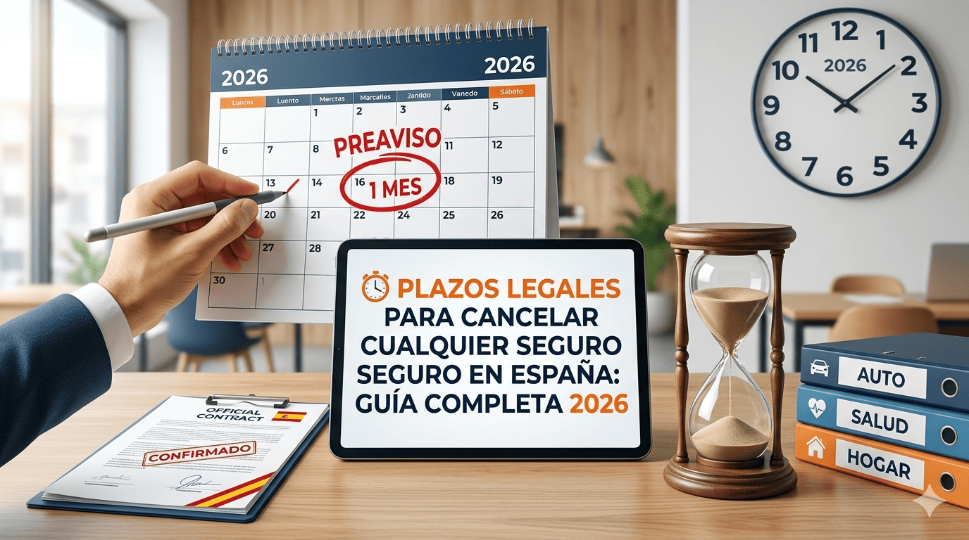 Infografía sobre los plazos de preaviso para cancelar seguros en España en 2026, mostrando un calendario con el mes de preaviso y documentos de contrato.