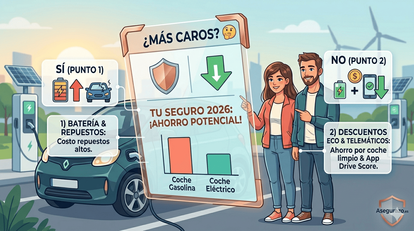 Ilustración vectorial "flat" de una pareja junto a un coche eléctrico en una estación de carga. Un panel digital muestra una comparativa visual de "¿MÁS CAROS?", con una gráfica de barras indicando que la prima de un coche de gasolina es más alta que la de uno eléctrico, debido a los descuentos eco y telemáticos. Iconos muestran los costos de batería y repuestos versus el ahorro por coche limpio y App Drive Score.