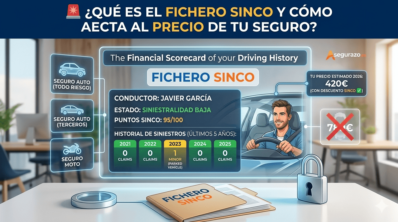 Infografía explicativa del Fichero SINCO donde se muestra el historial de siniestros de un conductor y cómo una baja siniestralidad reduce el precio del seguro de 700€ a 420€.