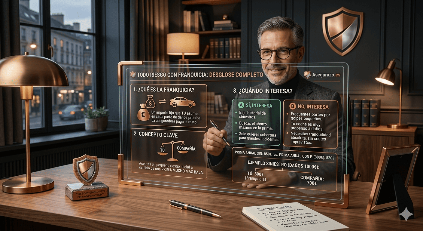 Infografía elegante en una oficina de lujo que muestra un panel de cristal con el desglose de un seguro a todo riesgo con franquicia, explicando cuándo interesa contratarlo según el historial de siniestros y el ahorro en la prima.