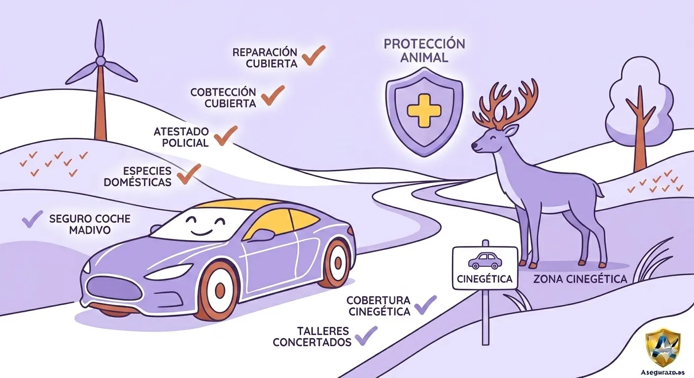 Ilustración conceptual de estilo abstracto e interpretativo sobre la protección en carretera frente a fauna salvaje. Muestra la silueta minimalista de un ciervo en movimiento trazada en líneas geométricas de luz, cruzando de forma transversal una carretera sinuosa. Un gran escudo curvo de energía luminosa protege el camino por el que avanza un vehículo, simbolizando la cobertura específica ante colisiones cinegéticas. La paleta utiliza un patrón cromático alternativo de azul noche profundo, blanco ceniza y destellos en ámbar radiante. Logo de Asegurazo.es integrado con elegancia.