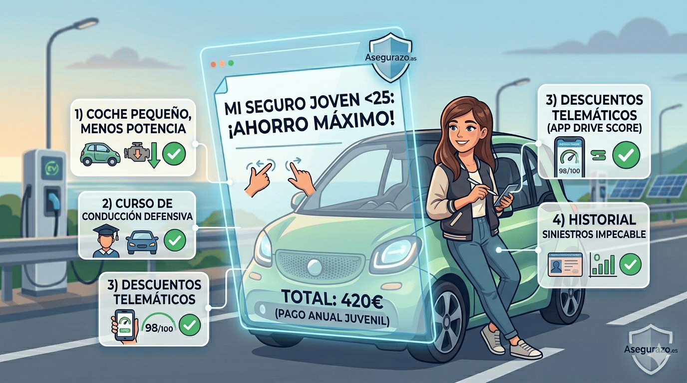 Infografía de una joven junto a un coche compacto moderno mostrando claves para bajar el precio del seguro: coche de baja potencia, cursos de conducción, Apps telemáticas (Drive Score) e historial limpio.