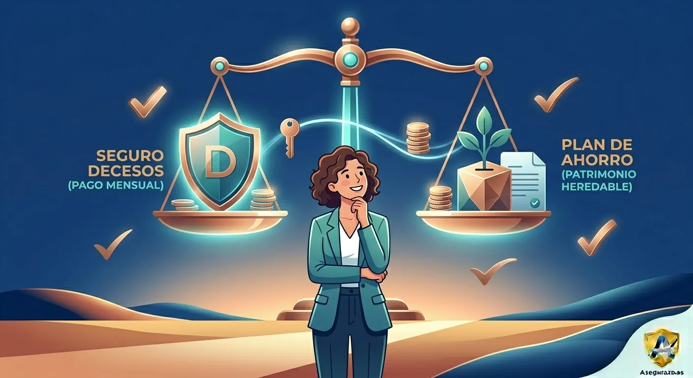 Ilustración conceptual de estilo interpretativo sobre la comparativa entre el seguro de decesos y el ahorro personal. Muestra una balanza moderna donde en un lado hay un escudo protector minimalista que representa la gestión de la póliza y en el otro una planta creciendo desde una hucha geométrica que simboliza el patrimonio heredable. El diseño utiliza una paleta artística y alternativa en tonos ocre, arena y destellos dorados sobre un fondo limpio. Logo de Asegurazo.es discretamente integrado en la esquina inferior.