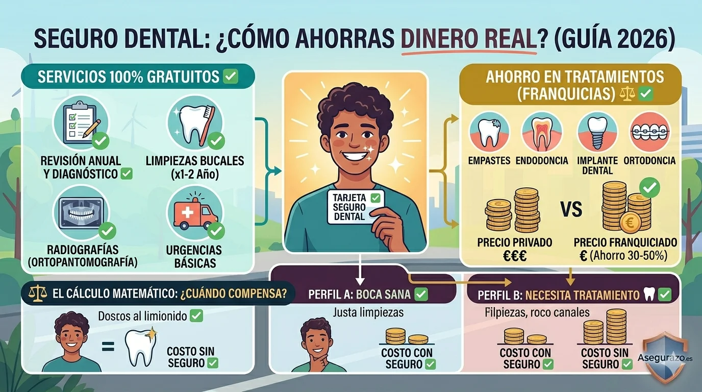 Infografía explicativa en estilo flat que compara el coste de ir al dentista por privado frente a ir con seguro dental en España. Muestra la diferencia entre los servicios 100% gratuitos (limpiezas, revisiones) y el ahorro mediante precios franquiciados en tratamientos complejos como empastes o implantes. Incluye el logo de Asegurazo.es.