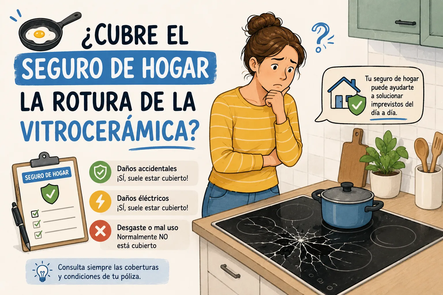 Dibujo digital plano y muy sencillo. Muestra una placa de cocina vitrocerámica minimalista vista desde arriba con una sutil línea de fractura geométrica en una de sus esquinas. La paleta de colores utiliza un fondo en tono amarillo pastel suave, la superficie de la placa en un gris pizarra limpio y las zonas de calor dibujadas con finas líneas en rojo coral apagado. Sin paisajes, coches ni elementos externos. El logo de Asegurazo.es se sitúa discretamente en una esquina inferior.
