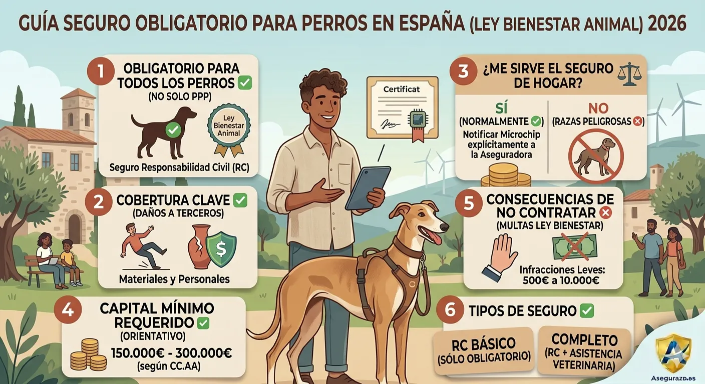 nfografía explicativa en estilo flat sobre el seguro obligatorio para perros en España según la Ley de Bienestar Animal. Muestra a un dueño con su perro y desglosa los puntos clave: obligatoriedad para todas las razas, cobertura de Responsabilidad Civil, uso del seguro de hogar con notificación de microchip, y las multas asociadas por incumplimiento. Incluye el logo de Asegurazo.es.