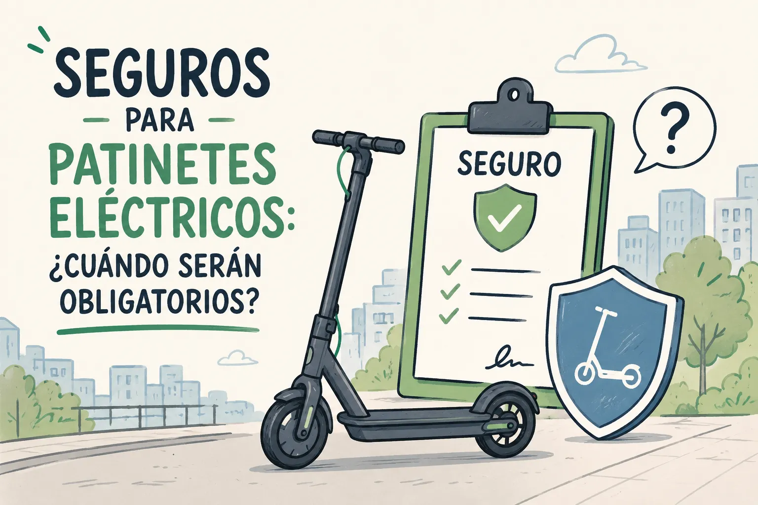 Dibujo digital sencillo en estilo de trazo plano y limpio. Muestra un patinete eléctrico urbano apoyado de forma minimalista sobre un fondo despejado. Una señal circular de color azul suave con un símbolo de exclamación estilizado flota a su lado, representando el aviso de la nueva normativa legal. El diseño es completamente diferente a los anteriores, empleando una paleta de color fresca con fondo en tono azul cielo pastel, líneas principales en gris oscuro y detalles en color amarillo limón. El logo de Asegurazo.es se integra de forma limpia y discreta en una esquina.