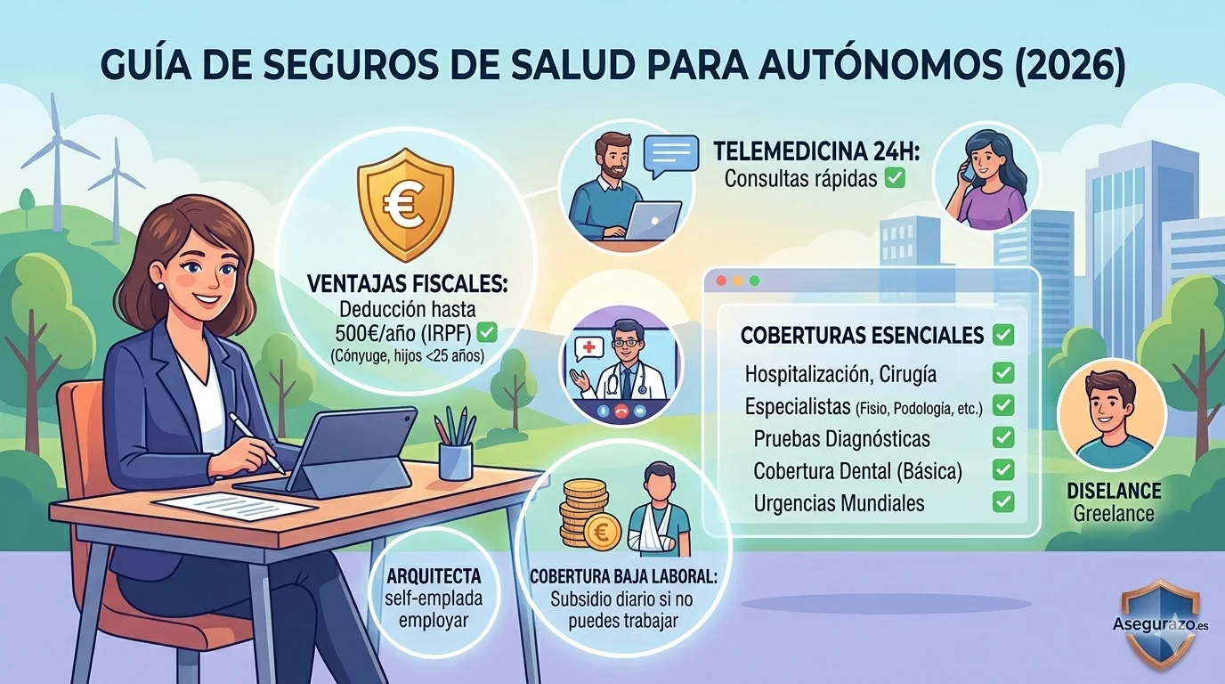 Ilustración vectorial estilo flat que detalla las ventajas del seguro médico para autónomos en España. Muestra a un profesional trabajando junto a un panel explicativo que destaca la deducción fiscal de hasta 500 euros en el IRPF por miembro familiar, la telemedicina 24 horas y la cobertura de indemnización por baja laboral. Incluye el logo de Asegurazo.es.