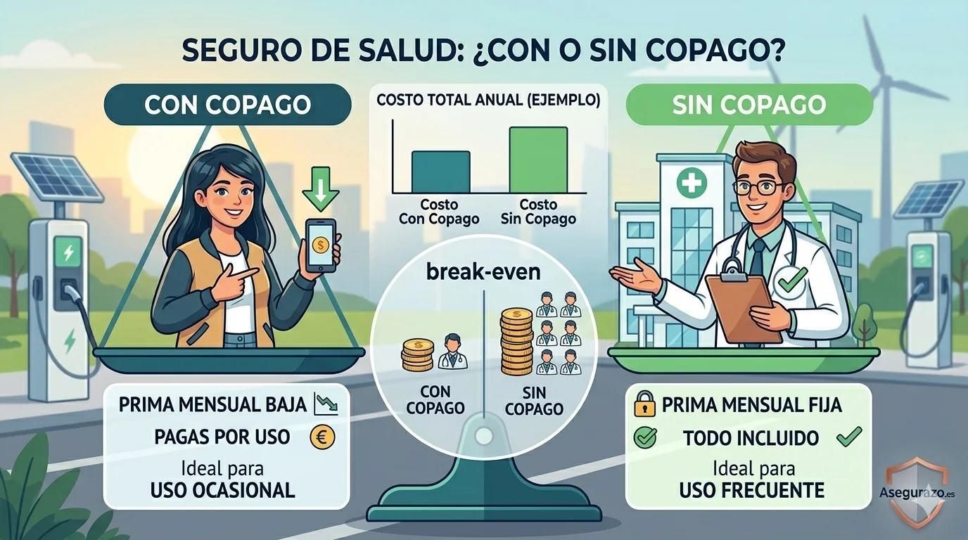 Ilustración vectorial estilo flat que compara un seguro de salud con copago frente a uno sin copago. Muestra una balanza visual donde se equilibran la prima mensual baja con el pago por uso frente a la tarifa plana mensual sin costes adicionales. Incluye el logotipo de Asegurazo.es.