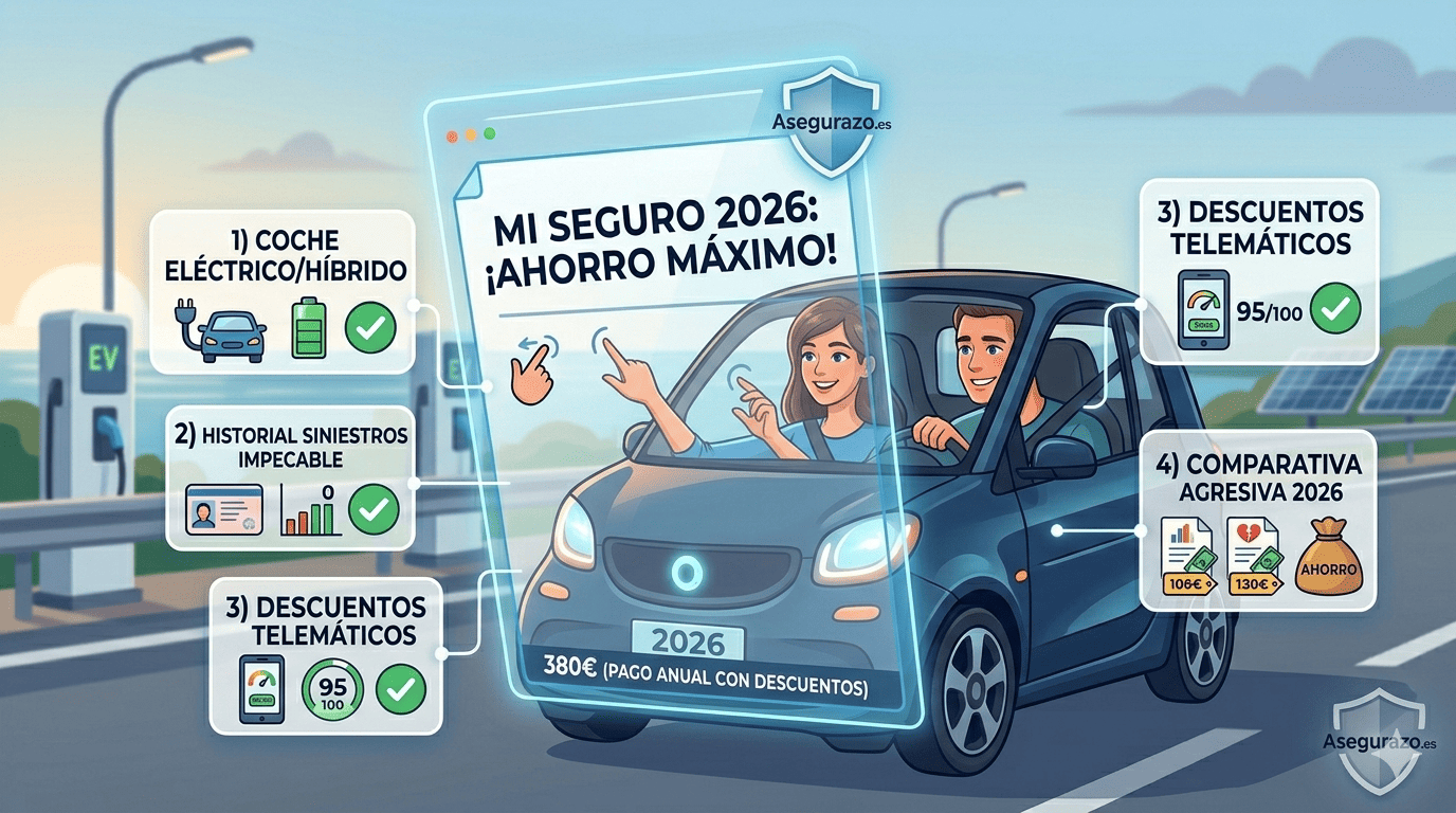 Infografía de una pareja en un coche eléctrico moderno consultando un panel digital de "Ahorro Máximo" con 4 claves: coche ecológico, historial sin partes, descuentos por conducción (telemáticos) y comparativa de precios.