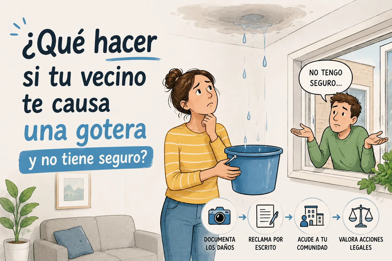 Dibujo digital muy sencillo y limpio en estilo plano. Muestra el interior de un salón minimalista donde se ve una mancha de humedad suave en el techo y una sola gota de agua cayendo de forma estilizada hacia un cubo en el suelo. La paleta de colores utiliza un fondo gris perla muy limpio, detalles estructurales en azul marino oscuro y el cubo en un tono naranja teja apagado. No hay paisajes, carreteras ni vehículos. El logo de Asegurazo.es se integra de forma limpia y pequeña en una esquina.