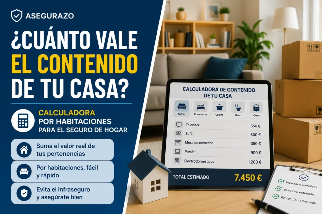 Calculadora para estimar el valor del contenido de una vivienda por habitaciones y calcular el capital recomendado para el seguro de hogar.