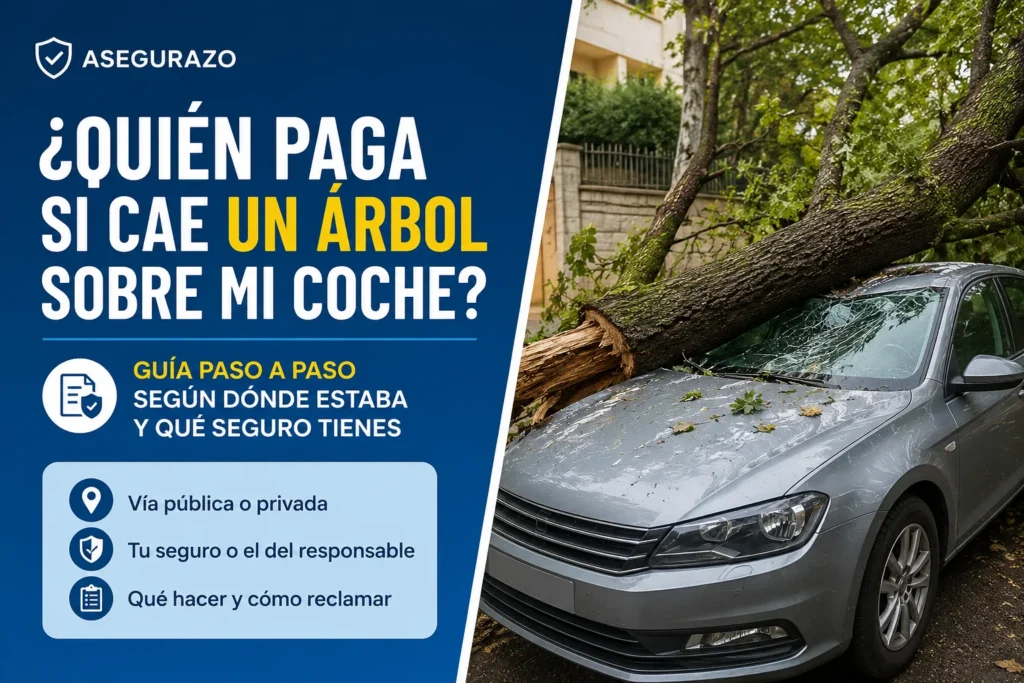 Árbol caído sobre un coche con daños en el parabrisas para ilustrar quién paga los daños según el lugar del accidente y el seguro contratado.