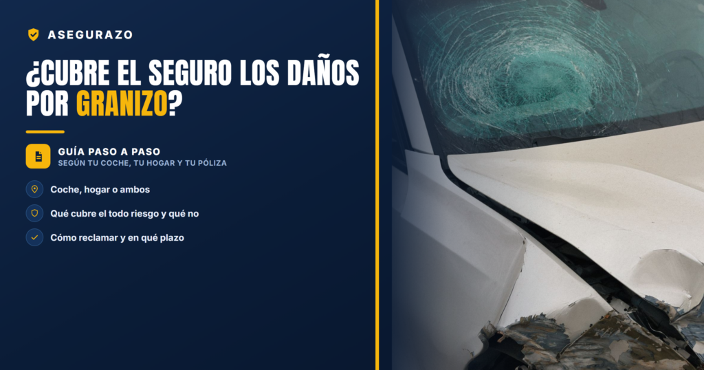 Coche con el parabrisas roto y el capó abollado por una granizada, con la marca Asegurazo