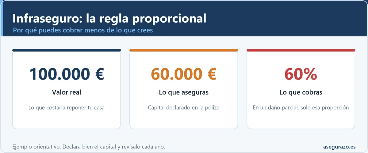 Infografía de la regla proporcional del infraseguro: si aseguras el 60% del valor, cobras el 60% del daño