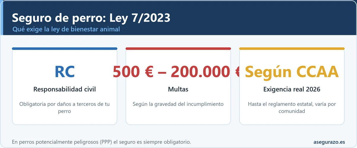 Infografía de la Ley 7/2023: RC obligatoria del perro, multas de 500 a 200.000 euros y exigencia según comunidad