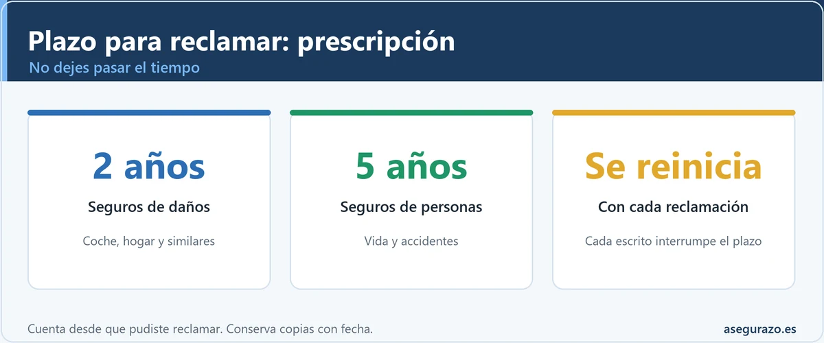 Infografía de los plazos de prescripción del seguro: 2 años en daños, 5 en personas, se interrumpe al reclamar