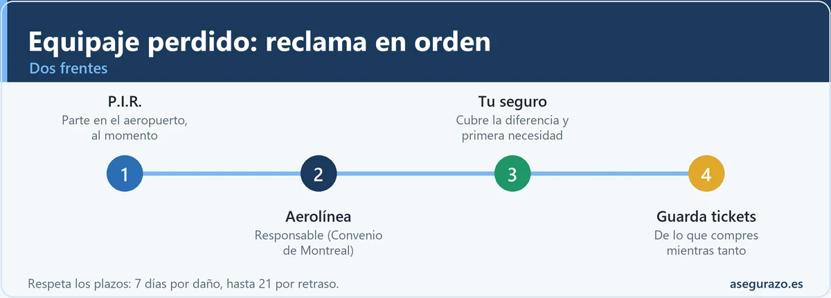 Cómo reclamar por equipaje perdido: aerolínea y seguro de viaje