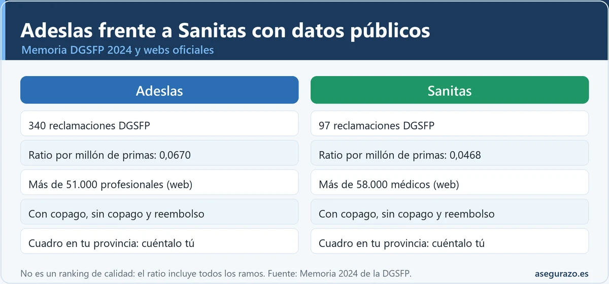 Infografía comparativa de Adeslas y Sanitas con datos públicos: 340 y 97 reclamaciones ante la DGSFP en 2024, ratios por millón de euros de primas, cuadro médico declarado y modalidades, con la advertencia de que no es un ranking de calidad.