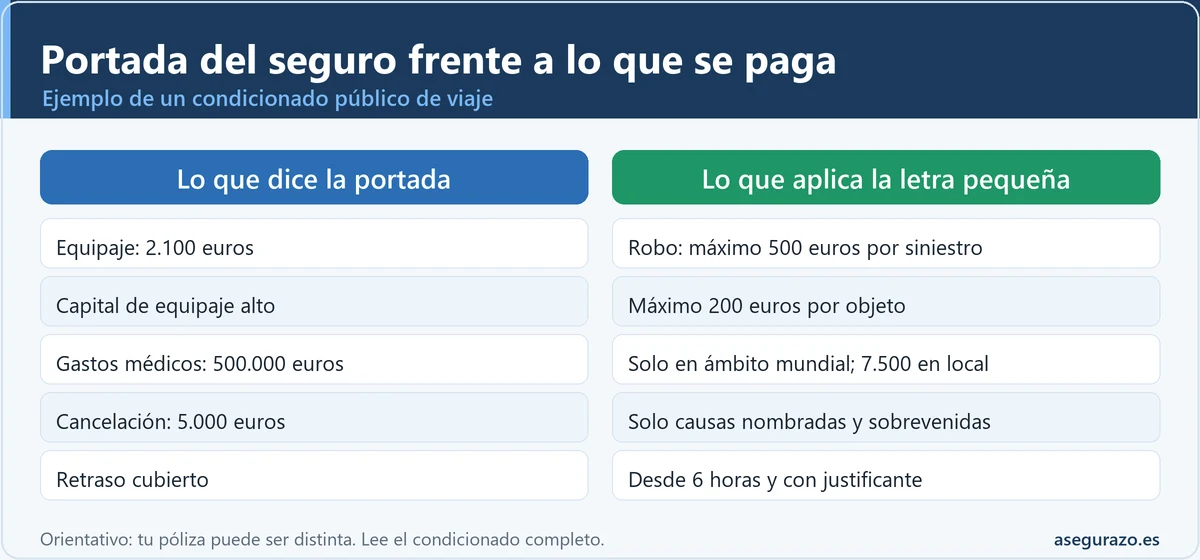 Infografía comparativa entre las cifras de la portada de un seguro de viaje (equipaje, gastos médicos, cancelación, retraso) y los límites reales que aplica la letra pequeña: tope por objeto, ámbito territorial, causas nombradas y horas mínimas.
